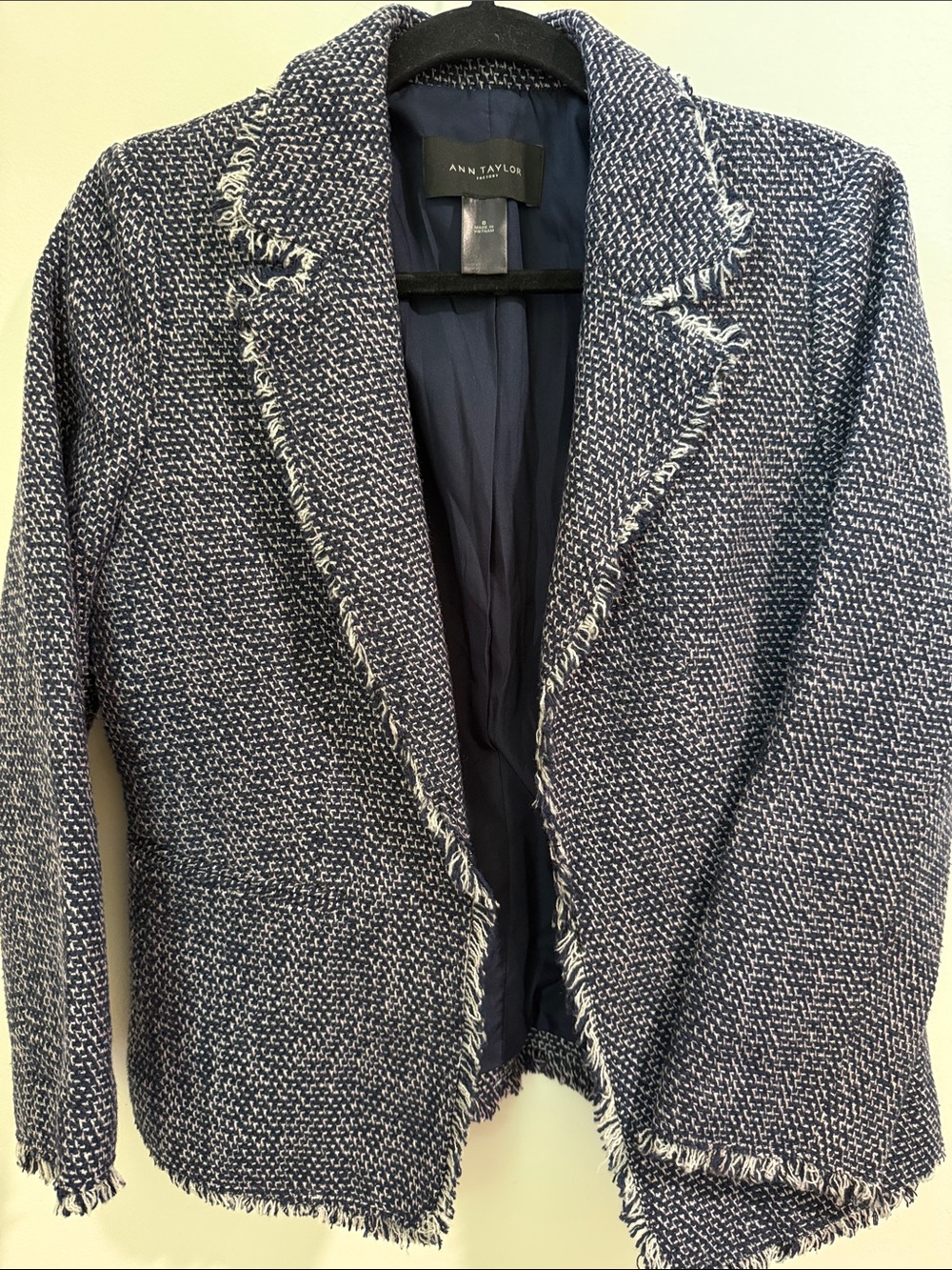 Ann Taylor Navy & White Tweed Frayed Edge Pea Coat